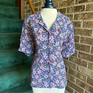VTG 80s Retro Colorful Sheer Maximalist Floral Print Short Sleeve Shirt